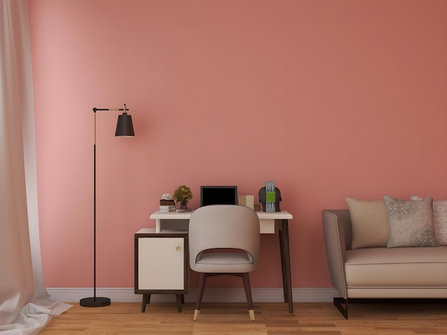 Bureaukamermodel met roze wandlamp bureau en bank 3D-rendering