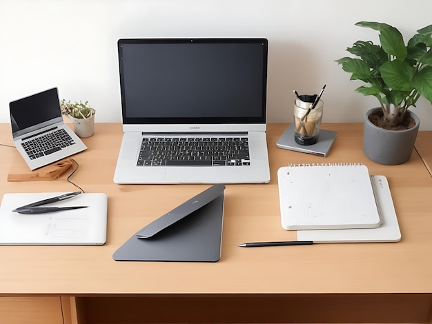 Bureauopstelling met laptop en notebooks