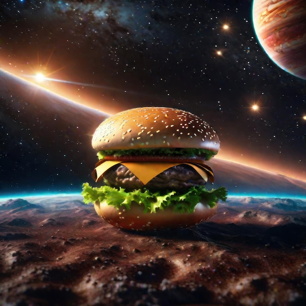 Photo burger as a planet in the space