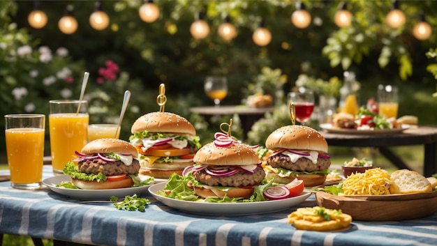 Burger Backyard Party met hamburgers, salades, drankjes en friet