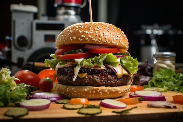 Burger Being Assembled with Fresh Ingredients