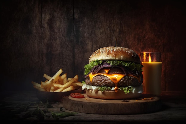 burger on the board on a dark background