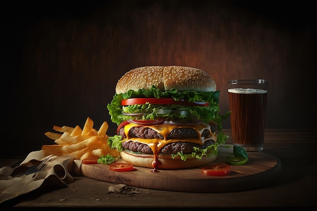 burger on the board on a dark background