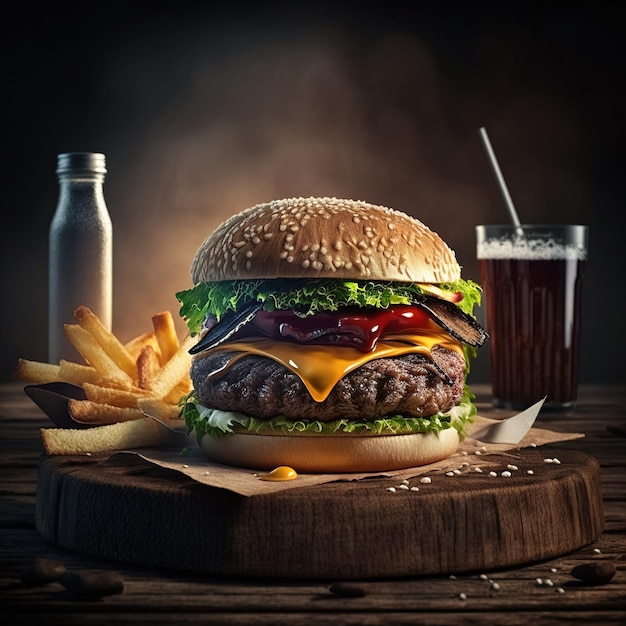 burger on the board on a dark background