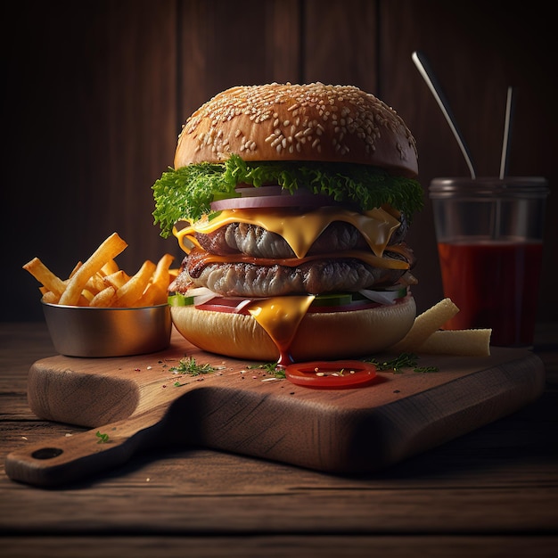 burger on the board on a dark background