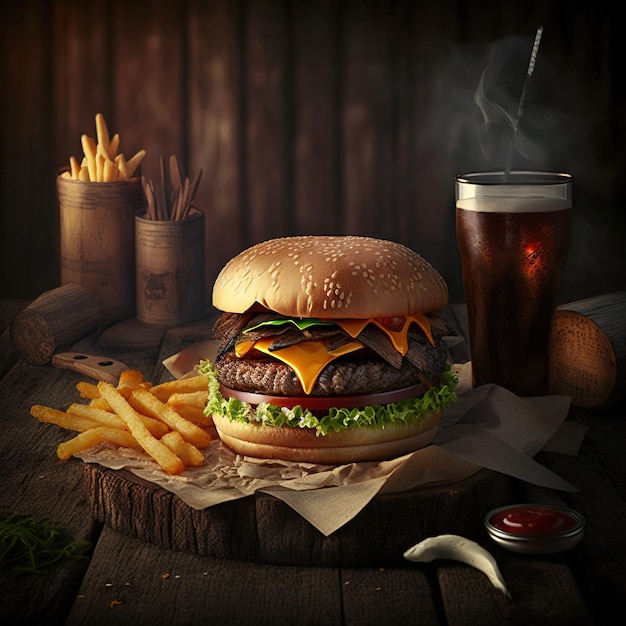 burger on the board on a dark background