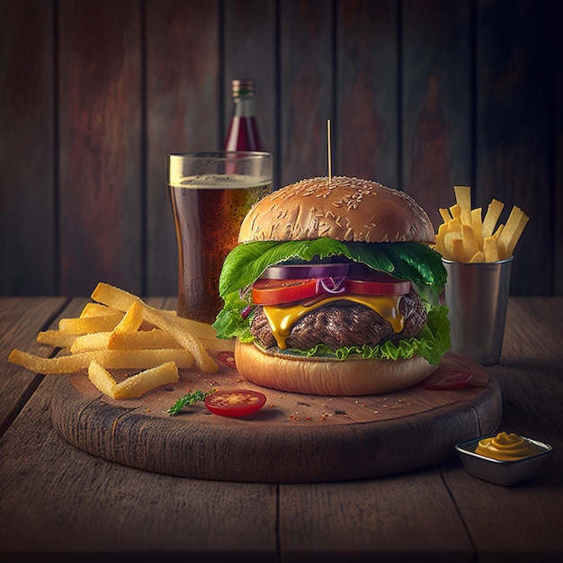 burger on the board on a dark background