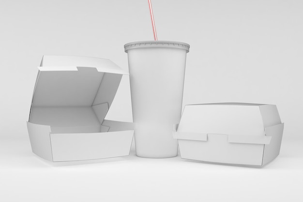 Photo burger box and cup front view isolated in white background