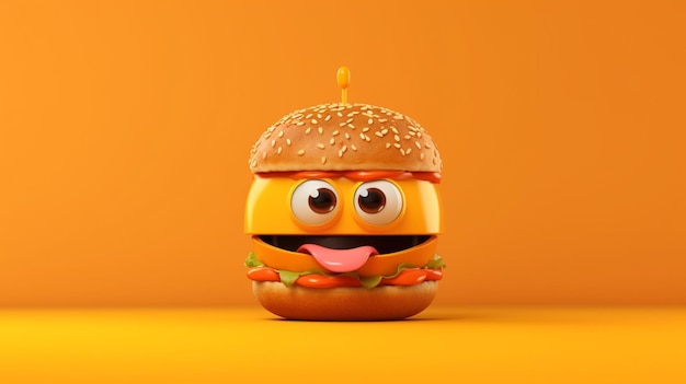 Burger character with tongue out isolated on orange background 3d illustration generative ai