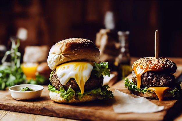 Photo burger close up with copy space white melted cheese artisan golden bun over old wood oak table