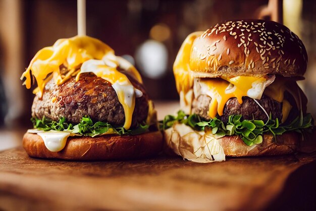 Foto hamburger da vicino con spazio di copia formaggio fuso bianco panino dorato artigianale su vecchio tavolo in legno di quercia