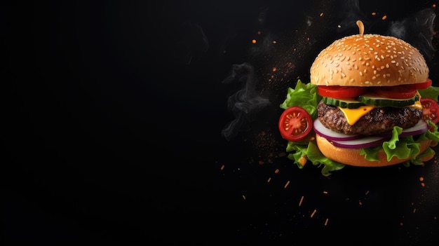 Foto burger closeup con manzo, pomodoro, lattuga, formaggio e cipolla su tavolo di legno con spazio per il testo può essere utilizzato per pubblicità, annunci pubblicitari, branding