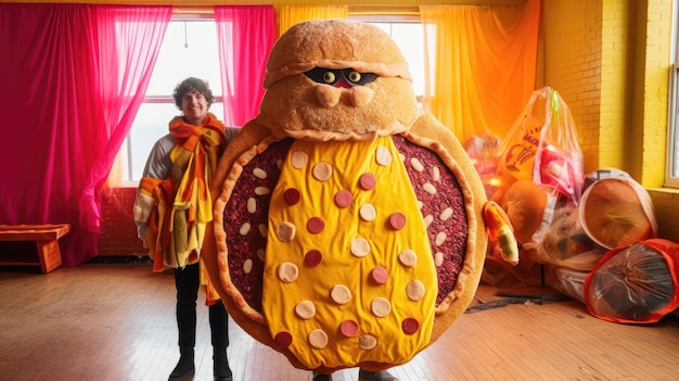 A burger costume with a pizza slice on it