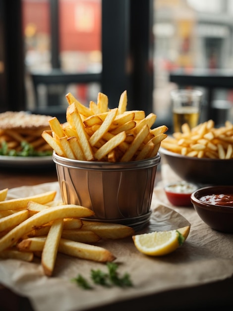 Burger and crispy French fries with ketchup and mayonnaise