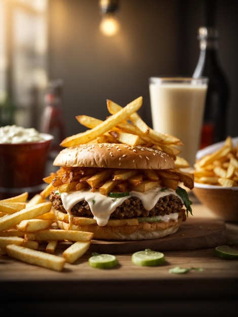 Burger and crispy French fries with ketchup and mayonnaise