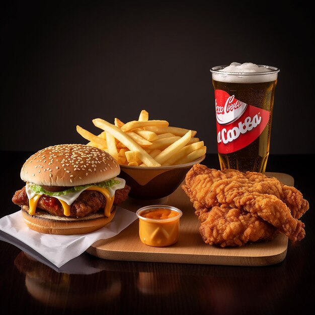 a burger and a cup of beer are on a table.