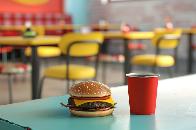 A burger and a cup of coffee sit on a table in a restaurant