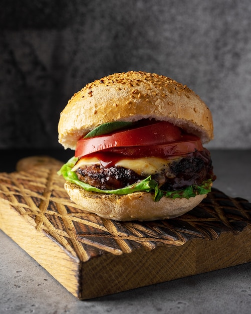 Burger on cutting board