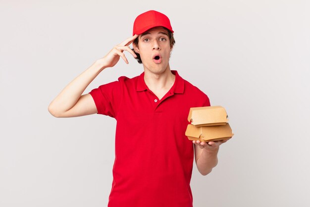 Burger deliver man looking happy, astonished and surprised