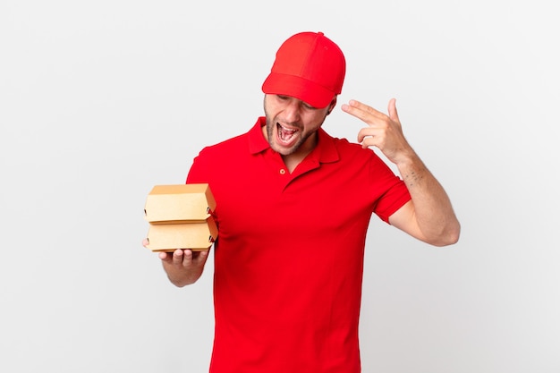 Burger deliver man looking unhappy and stressed, suicide gesture making gun sign