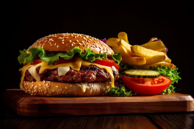 burger double cheese vegetables on a wooden plate dark background