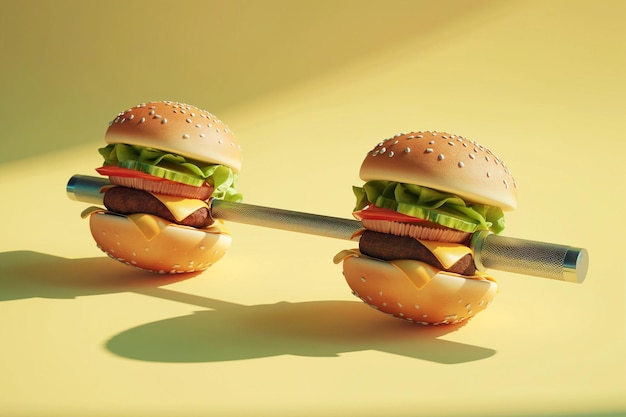 Foto burger manubrio cattiva nutrizione fitness barbell con due hamburger concetto creativo per uno stile di vita sano sport e bodybuilding allenamento con pesi e dieta sbagliata cibo divertente mangiare cibo spazzatura