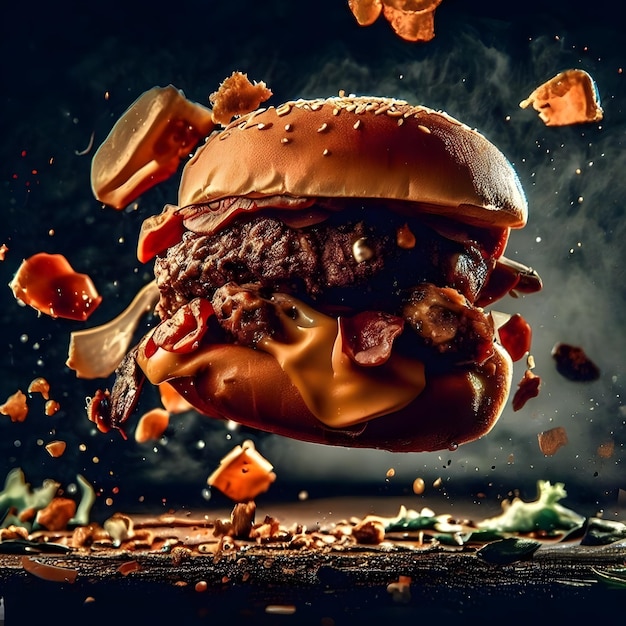 Burger falling in pieces juicy tasty hot promotional photo intricate details cinematic by ai