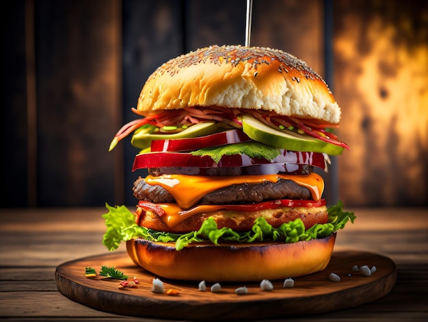 A burger filled with vegetables on a wooden table