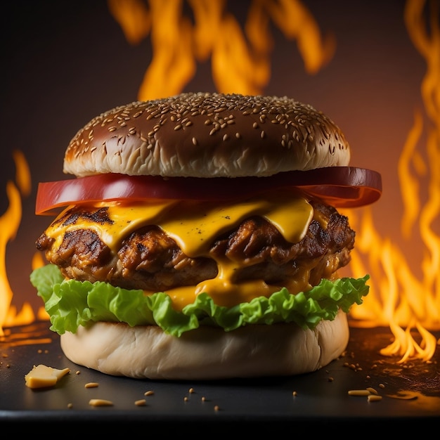 火の炎の中のハンバーガー 火の炎の中の熱い安っぽいビーフバーガー 火の背景を持つスマッシュバーガー