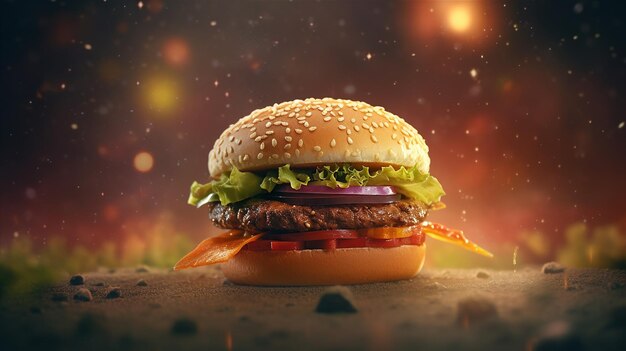Бургер, парящий в воздухе на фоне меню космического фаст-фуда
