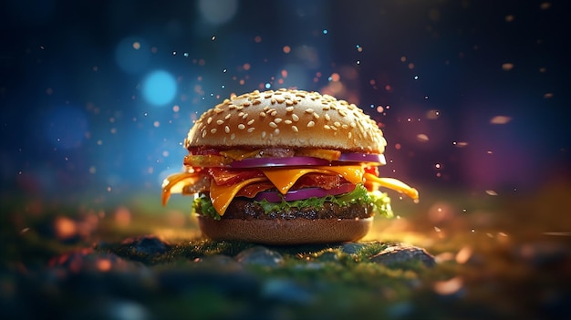 Burger floating in the air against the backdrop of space fast food menu