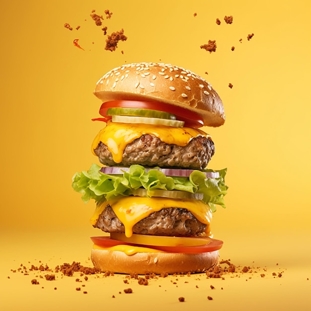 Burger floating in the air on a yellow background