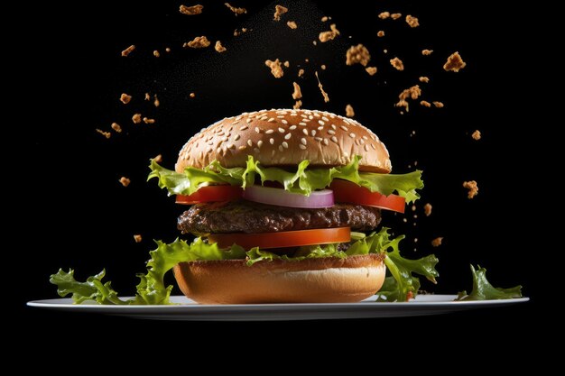 Burger floating on dark surface