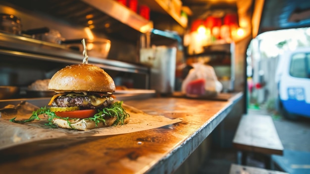 Foto burger su uno sfondo del bancone di un camion di cibo