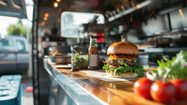 burger on a food truck counter background