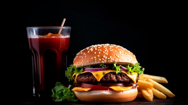 Burger french fries and cola on a black background Generative AI