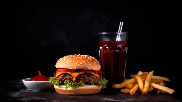 Burger patatine fritte e cola su sfondo nero ia generativa