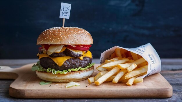 Burger and french fries on cutboard