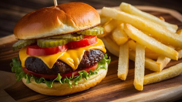 Burger and french fries on cutboard