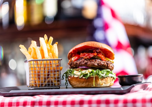 Burger and french fries meal in american restaurant