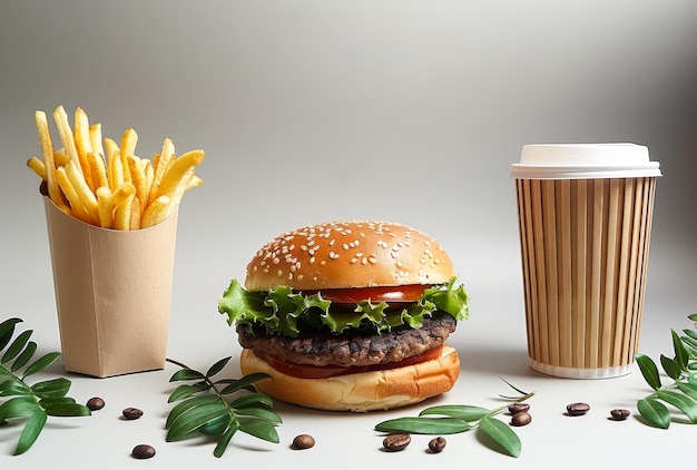 Burger french fries and paper cup with coffee on gray background