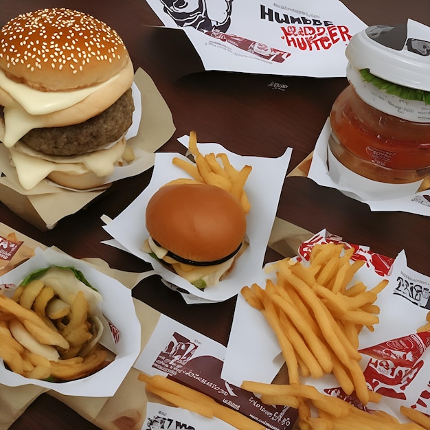 A burger and fries are on a table with a paper bag that says hunter burger.