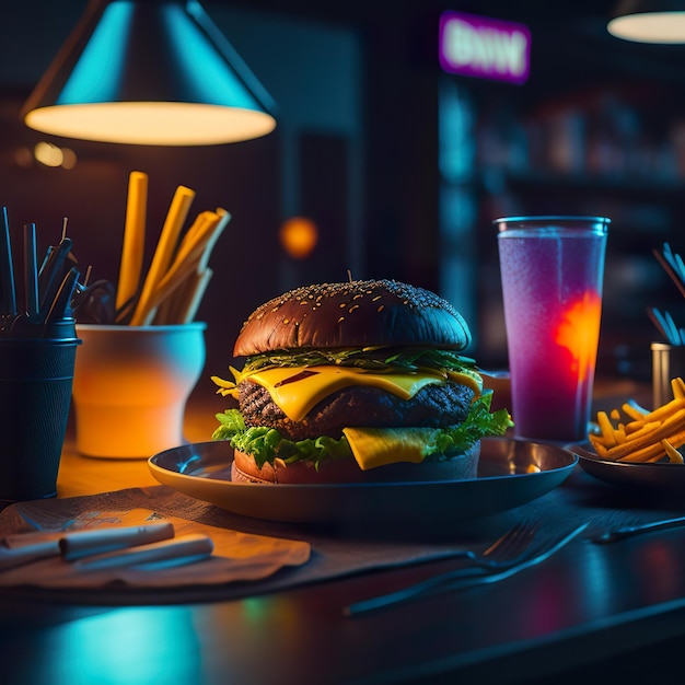 A burger and fries are on a table with a pink sign that says " the word " on it.