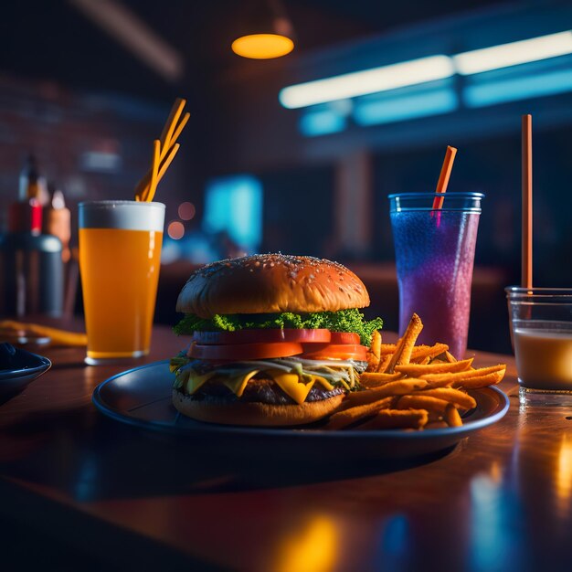 Photo a burger and fries on a bar counter with a glass of beer and a drink.