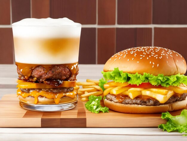 A burger and fries on a wooden board with a glass of beer ai generated