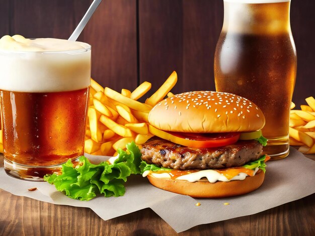 A burger and fries on a wooden board with a glass of beer ai generated