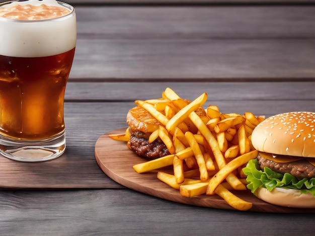 A burger and fries on a wooden board with a glass of beer ai generated