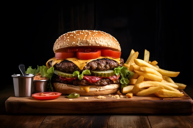 A burger and fries on a wooden board