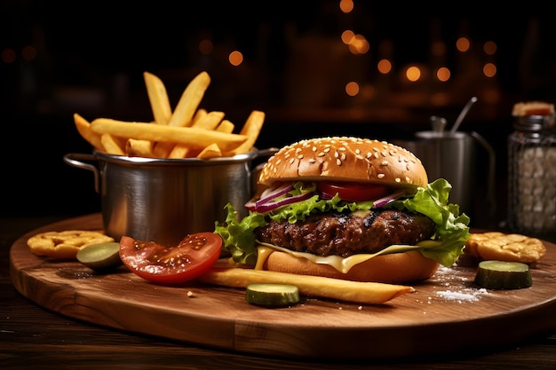 A burger and fries on a wooden board