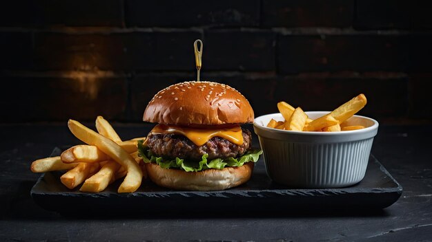 Burger geserveerd op een zwart leisteen schotel met friet en dipsaus